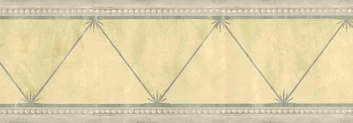 Architectural vintage wallpaper border, silver, gray, yellow, triangles, circles, Regency, textured