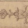 beige architectural wallpaper border, brown, cream, crackled finish, medallions