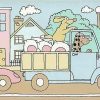 children's vintage wallpaper border, pink, blue, green, yellow, animals, giraffe, bear, car, truck, motor scooter, nursery, playroom, bedroom