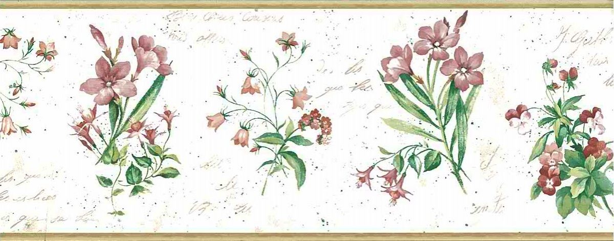 botanical script vintage wallpaper border,French,italics,pink,rose,green,cream