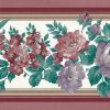 floral vintage wallpaper border, red, lavender, maroon, pink, rose, white, green, leaves