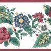 sunflowers floral vintate border,wallpaper border, red, blue, green, Waverly-like, sylized flowers, cottage style