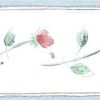 wallpaper border red roses, blue, green, leaves, rosebuds, vintage-style, cottage, guest bedroom