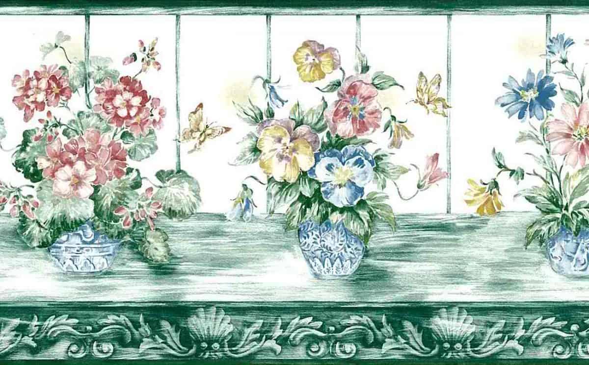 green floral vintage wallpaper border,butterfiies,pink,blue,yellow,white