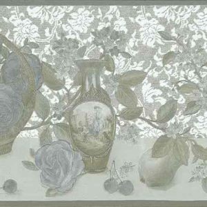 Silver Gold Vintage Wallpaper Border Kitchen Roses UK 57822 FREE Ship