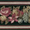 black floral vintage wallpaper border,kitchen,roses,red,taupe,green,fruit,peaches,grapes,berries,cottage