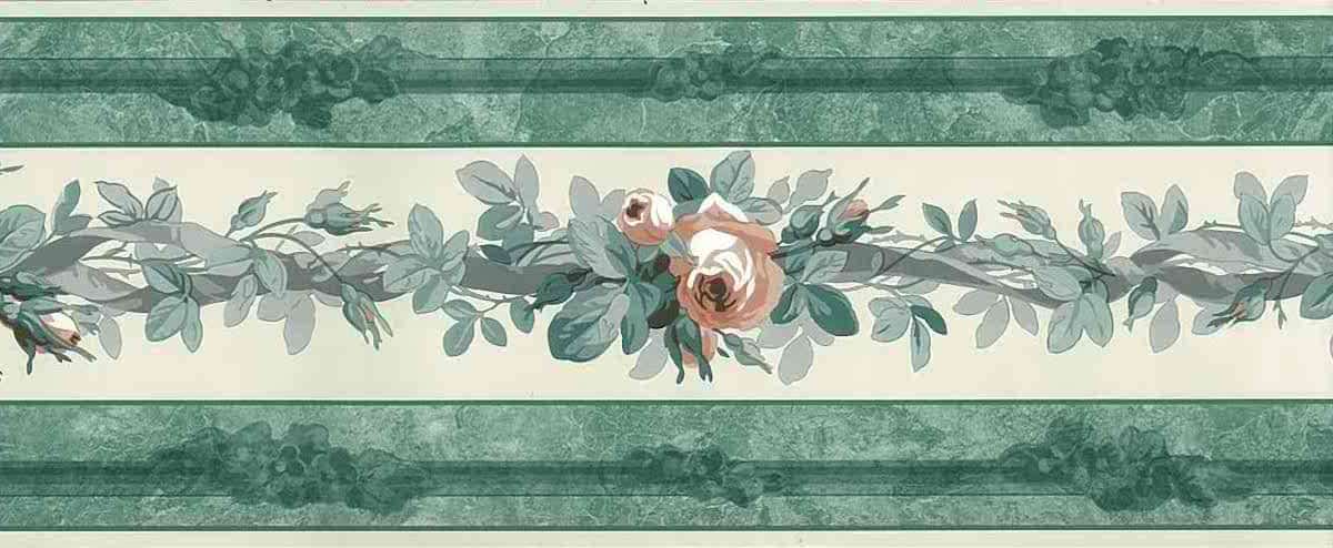 Vintage Wallpaper Border Roses Peach Green NM5203 FREE Ship - Image 2