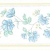 Blue vintage floral border, green, yellow, textured, moire, cottage, white