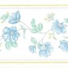 Blue vintage floral border, green, yellow, textured, moire, cottage, white