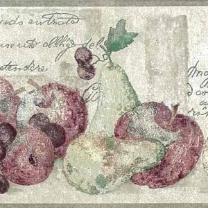 Kitchen Wallpaper Border Fruit French Script Taupe Red VG8609B