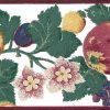 multicolor fruit floral vintage wallpaper border, anemones, apples, grapes, pears, plums, red, blue, purple