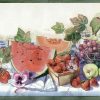 picnic kitchen wallpaper border,cottage, Americana, country, red, fruit, floral, watermeloj, strawberries, grapes, apples, ivy, pansies, red, blue, checked tablecoth