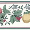 Pears peaches cherries vintage wallpaper border, red, rose yellow, textured