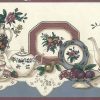 vintage kitchen border coffee, tea, fruit, flowers, slate blue, maroon, doilies