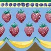 strawberries vintage kitchen border, bananas, fruit, wallpaper border, blue, yellow, red, green, purpe, cottage style, scalloped