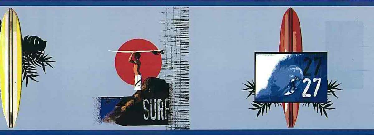 surboards wallpaper border, blue, surfers, surfing, recreation room, bedroom