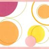 Pnk-orange mid-century wallpaper, border, circles, yellow, white, kitchen, geometric