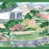 Americana covered bridge border, wallpaper border, green, pink, blue, mill, stream, country, cottage, kitchen