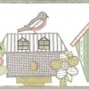 quilted bird houswes wallpaper border, Americana, cottage, green, taupe, off-white, rust, birds, flowers, floral,