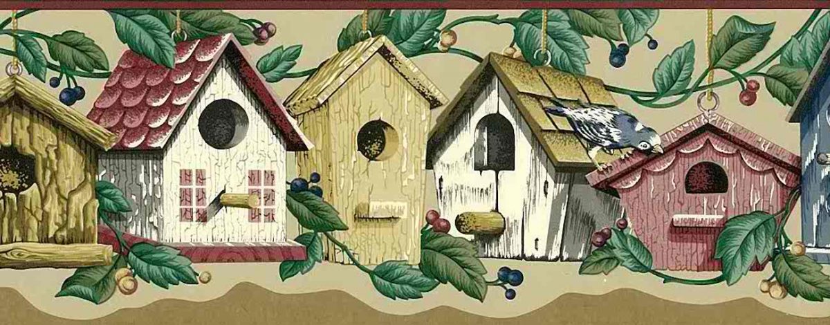 Birdhouses vintage wallpaper border, ivy, green, beige, brown, birds, scalloped