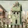 birdhouses vintage wallpaper border picket fence, hollyhocks, white, blue, green, pink, brown, cottage, faux finish