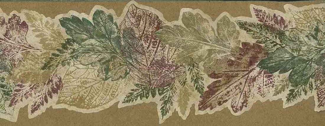 Fall leaf wallpaper border, beige, red, green, cottage style, cutout, leaves, oak, elm, dining room, study