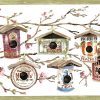 birdhouses food cans vintage wallpaper border, cheerry blossoms brown, gray