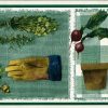 gardening tools kitchen border, wallpaper border, trowel, beets, peas, herbs, green, white, check
