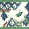 Diamond vintage wallpaper border, blue, green, red, off-white, faux finish, squares, swirls, leaves