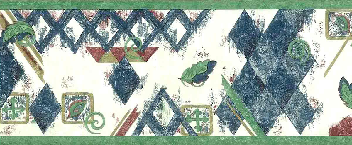 Diamond vintage wallpaper border, blue, green, red, off-white, faux finish, squares, swirls, leaves