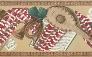 Musical Notes Swag Wallpaper Border in Taupe, Brown, Red, & Green