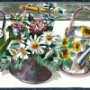 Vintage Watering Cans Wallpaper Border with Flowers on White