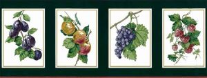 Green Fruit Wallpaper Border on white with gold edging