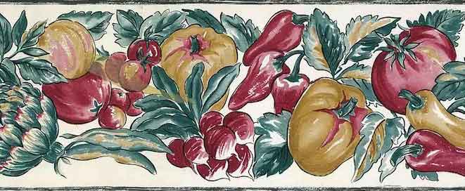 FRUIT VEGETABLES IVY ON SHELF BLK COUNTRY KITCHEN Wallpaper bordeR Wall 