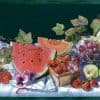 Vintage Green Picnic Wallpaper Border with Fruit on a Tablecloth