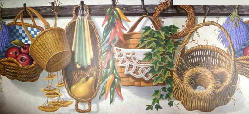 Country Wicker Baskets Vintage Wallpaper Border on White Faux Stucco