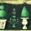 Green Topiaries Vintage Wallpaper Border with Gray Scroll Edges