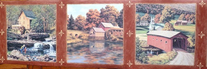 Autumn Scene Vintage Wallpaper Border with a Covered Bridge and Old Mills