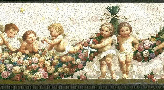 Cupids Vintage Wallpaper Border with floral swags, ribbon, & bronze edging