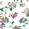 morning glories vintage floral wallpaper, lavender, orange, rose, green, vines, leaves, cottage