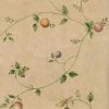 beige kitchen vintage wallpaper, plums, apples, pears, fruit, birds, red, purple, green, yellow, faux finish, textured