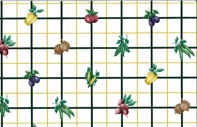 kitchen vintage wallpaper with veggies on a lattice grid