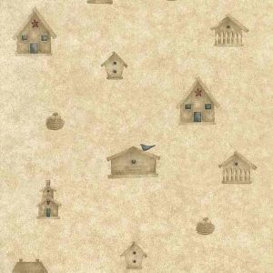 Birdhouses Vintage Wallpaper Kitchen Beige Mumm Blue Red DM7043 D/Rs