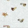 seashells bathroom wallpaper, blue, beige, orange, faux finish, shells,