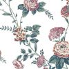 pink cottage floral vintage wallpaper, green, off-white, peonies