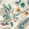 botanical floral vintage wallpaper, beige, green, yellow, flowers, anemones, lily of the valley, daisy, violet, black eyed susan, fuchsia, cottage