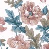 poppies vintage floral wallpaper, pink, teal, brown, off-white, leaves, flowers