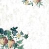 Fruit ivy wallpaper, peaches, pears, grapes, plums, off-white, faux finish, green, red, orange, blue