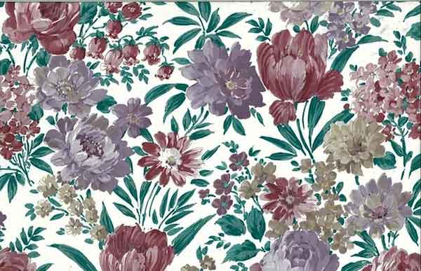 Lush Floral Vintage Wallpaper in Lavender, Green, Cranberry & Taupe
