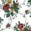 A dahlias vintage floral wallpaper with Maroon blossoms & smaller blooms in Yellow & Brown. Green leaves & vines connect the flowers on a White background.